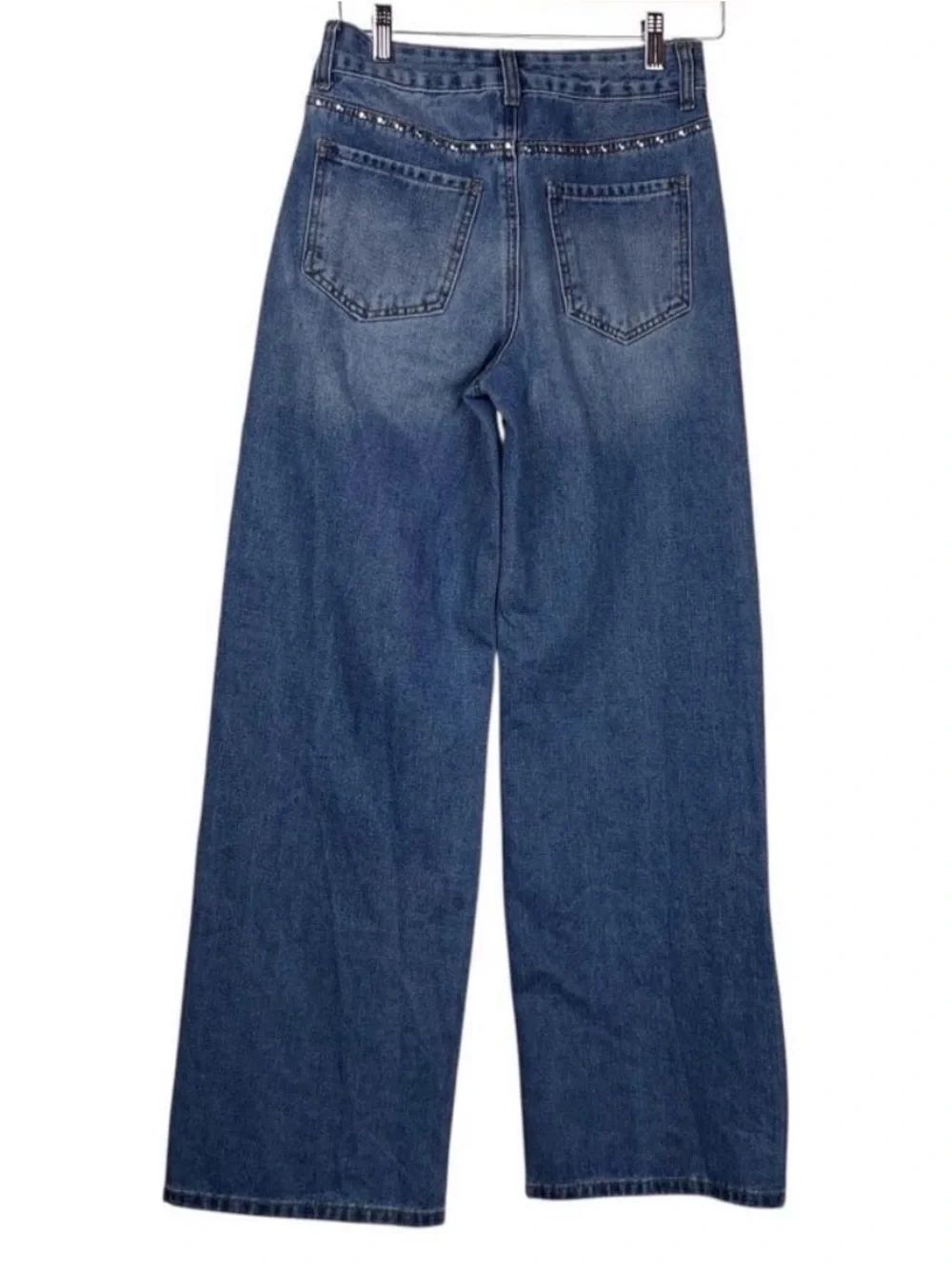Cali 1850 Blue Medium Wash Silver Studded Wide Leg High Rise Denim Jeans NEW - Picture 4 of 16